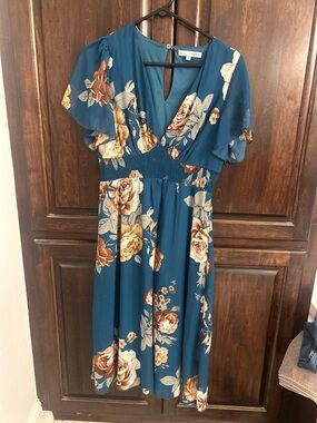 Lush Teal Floral Midi Dress with Flutter Sleeves